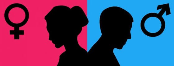 Illustration of a girl and a boy in silhouette on pink and blue
