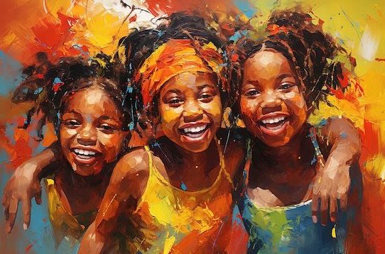 Colourful painting of three laughing children